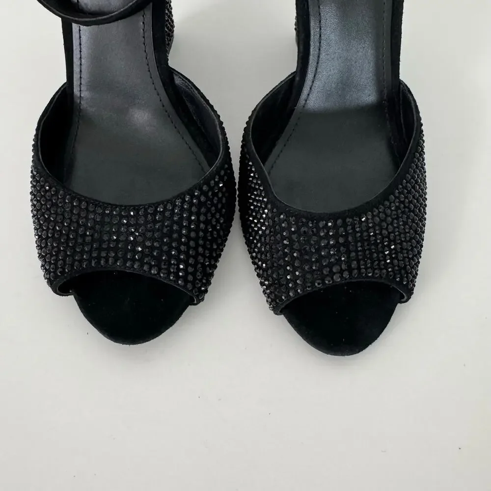 Tory Burch Suede Embellished Wedge Sandals Black Sparkly 9M